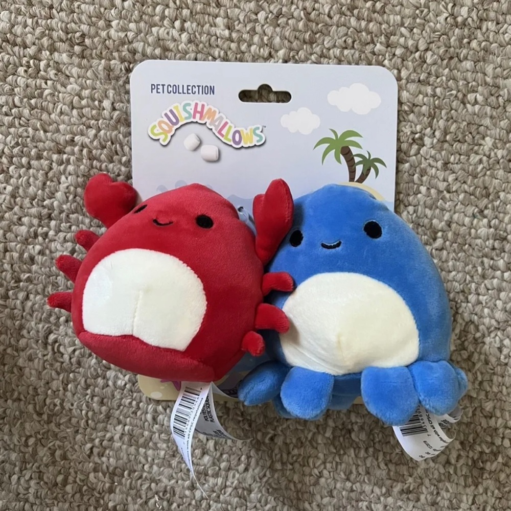 Squishmallow Pet Toy Collection 4" Red Crab & Blue Octopus with Squeakers